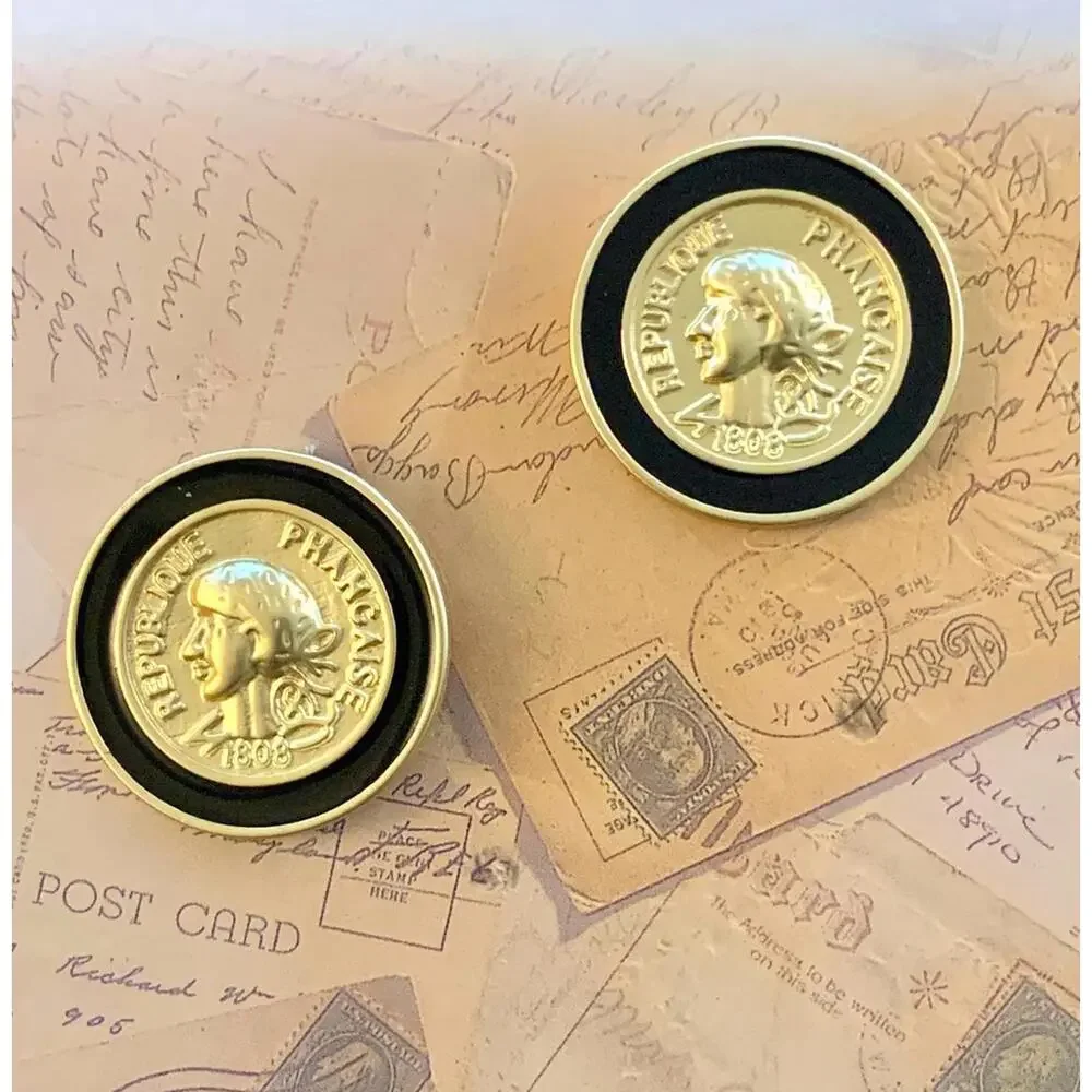 Vintage Republique Francaise 1808 Coin Style Black Border Stud Earrings